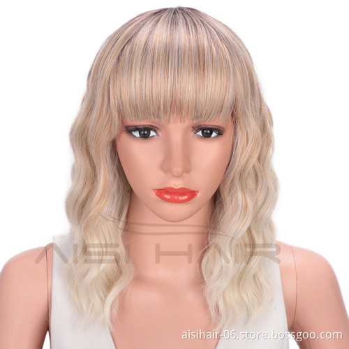 Aisi Hair Ombre Blonde Short Bob Wigs High Temperature Fiber Natural Wave Short Bob Wigs with Neat Bangs for Women